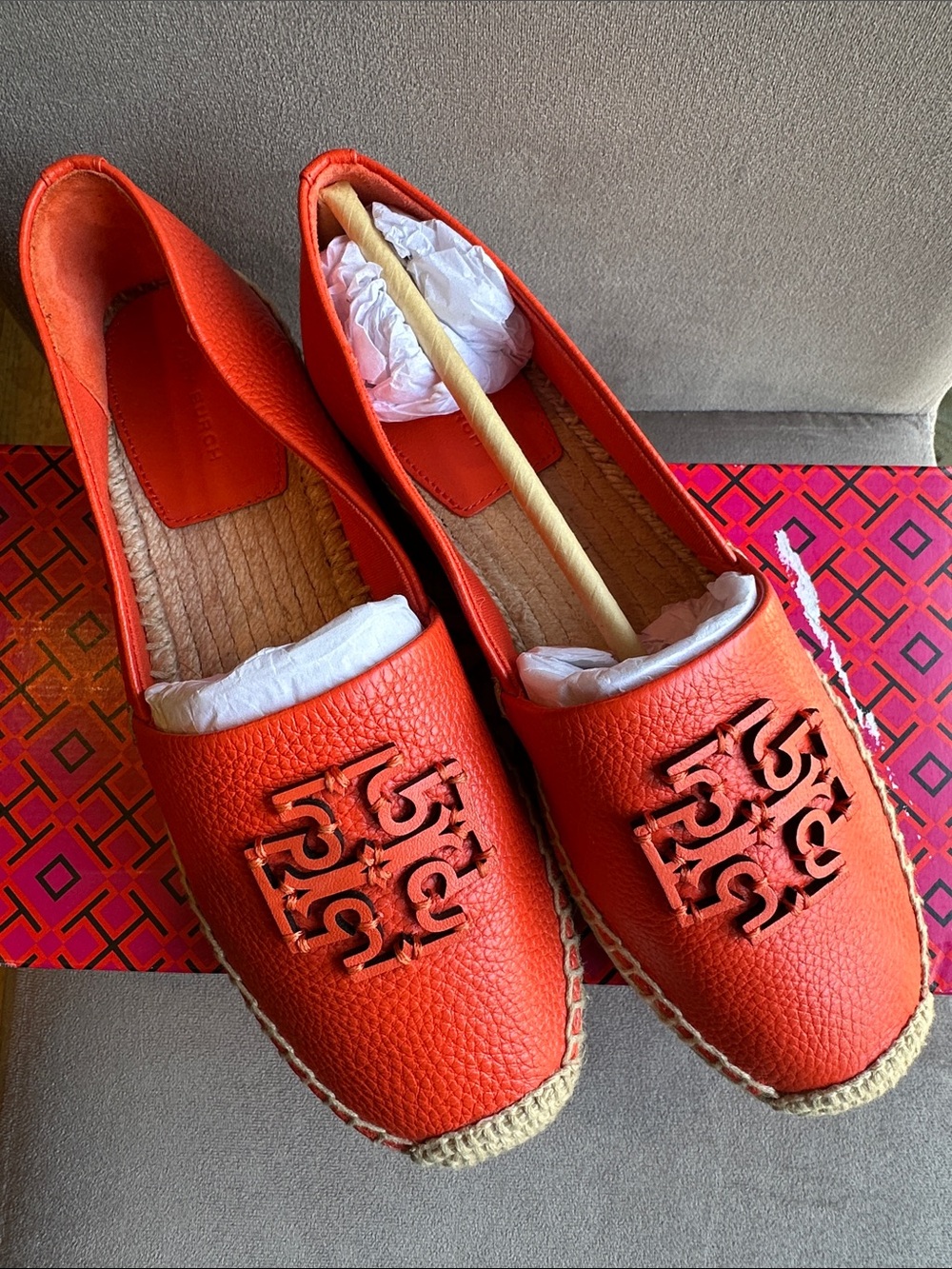 NWT Tory Burch Poppy Red Leather Logo Espadrille Flats